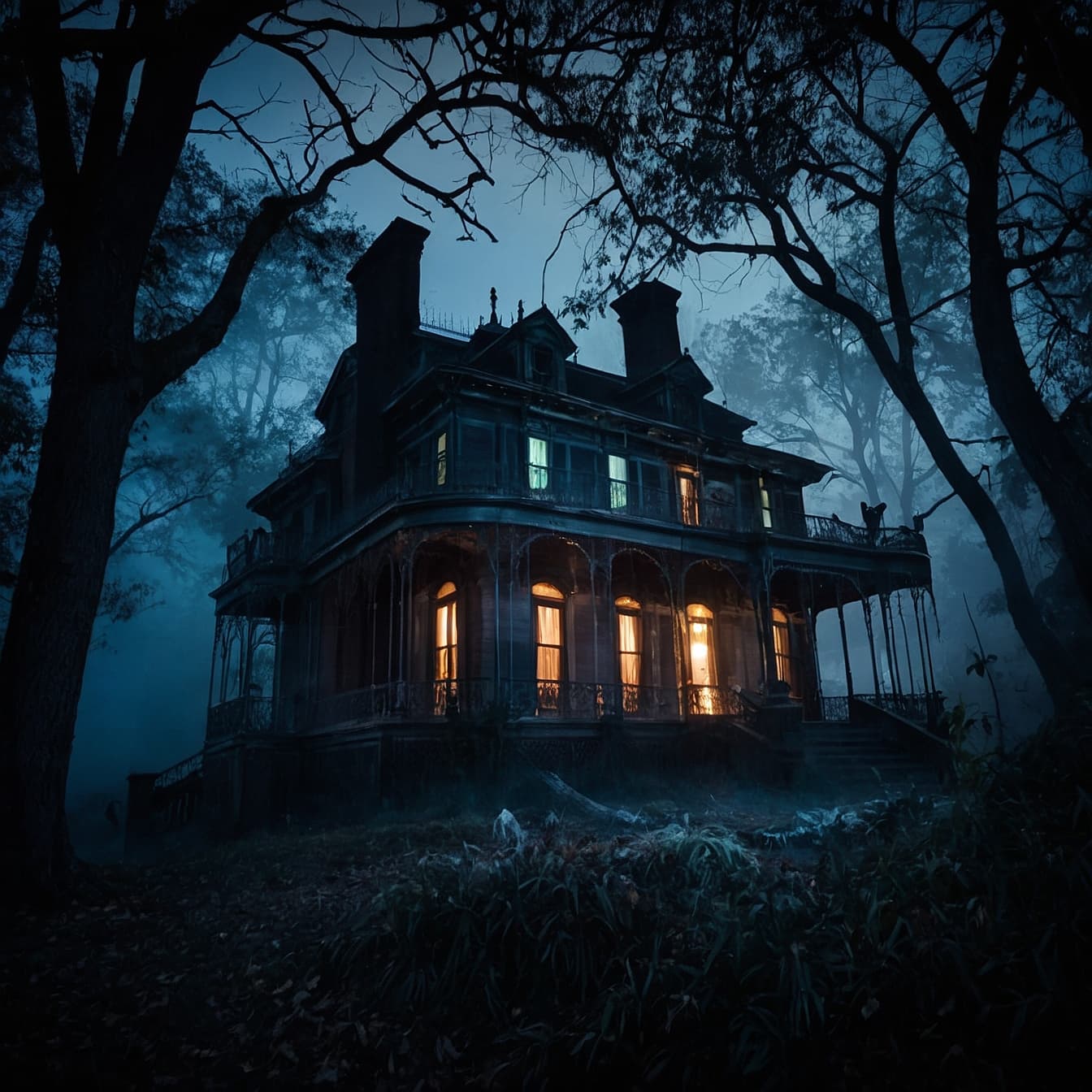 AI generated: Haunted mansion ,creepy ghost,glow,foggy,mystique,
