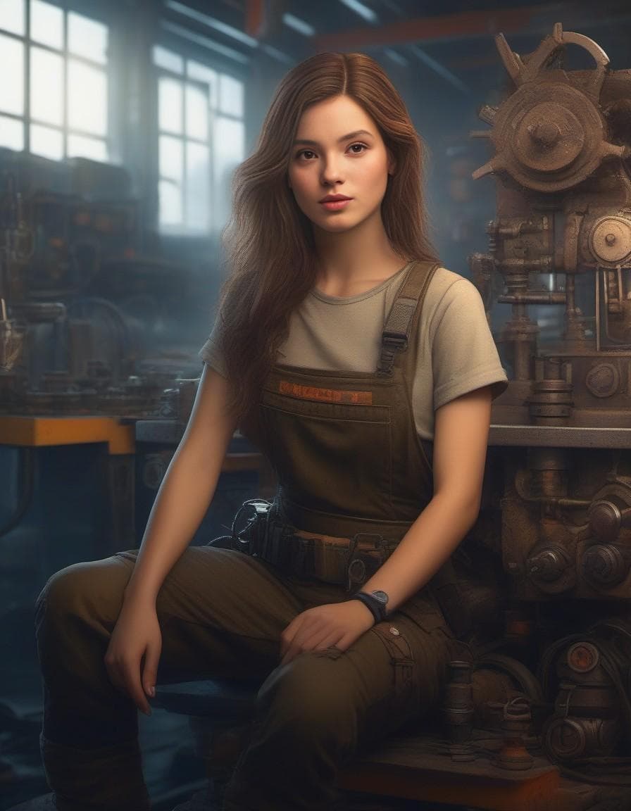 AI generated: close up photographic front view shot, cinematic shot,

a mechanic young girl sitting, enjoying af...