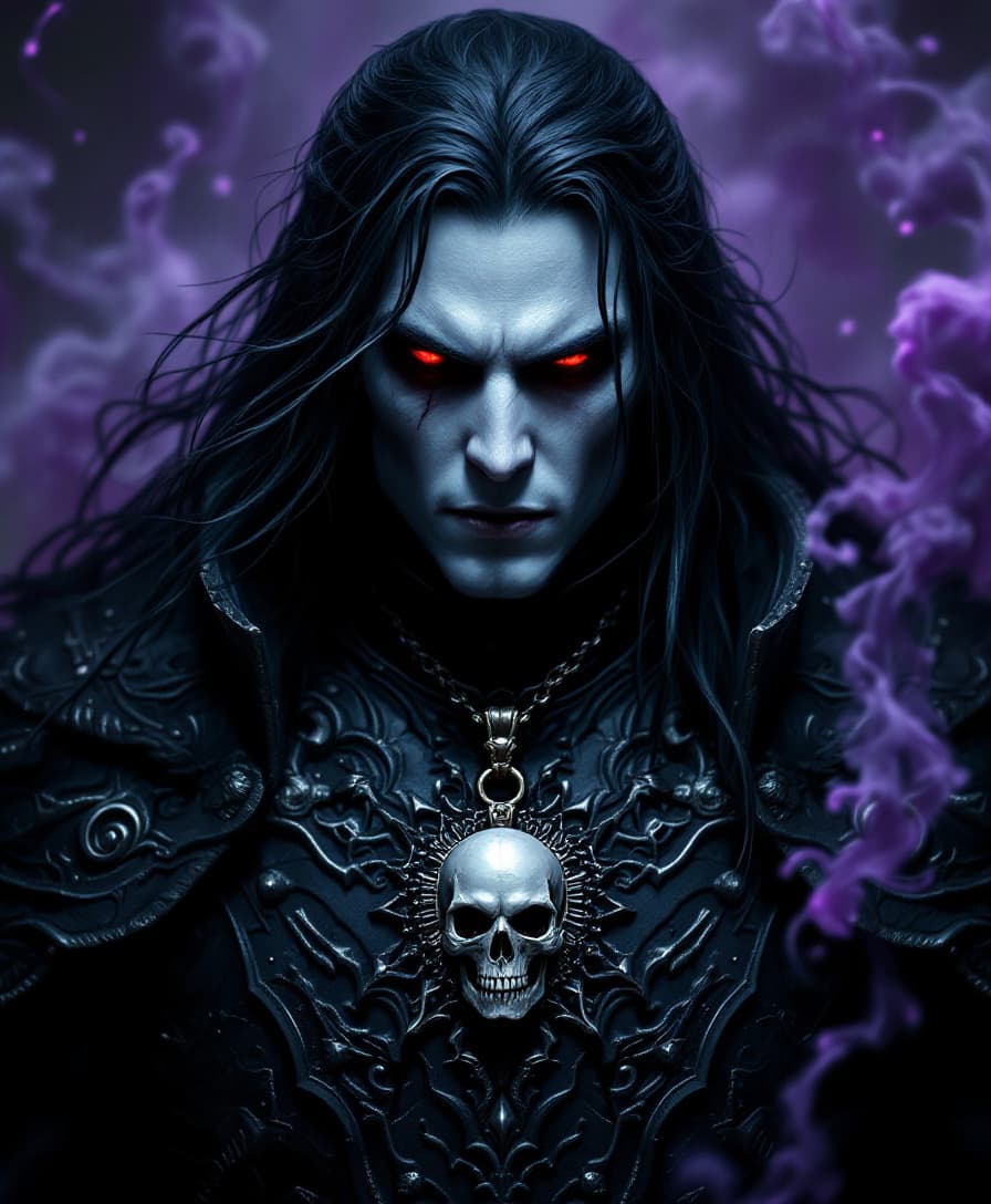 AI generated: A menacing figure emerges from deep shadows, exuding an aura of dark power and intensity. With long,...