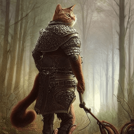 AI generated: cat wearing armor that looks like an old man, the old man is walking with a long chains, in the back...