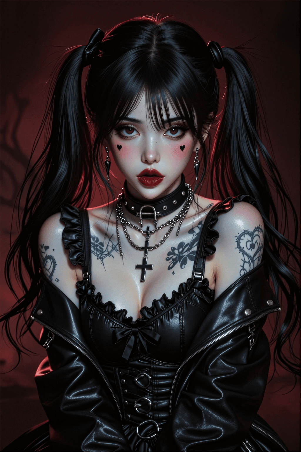AI generated: A highly detailed, stylized digital illustration of a beautiful young woman with a gothic "Yandere" ...