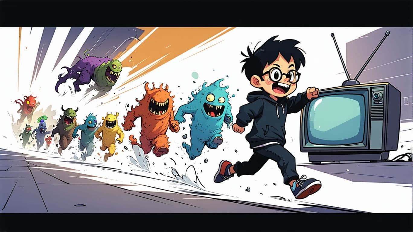 AI generated: "A cartoon-style boy running and looking back, with a scared and humorous expression, laughing with ...