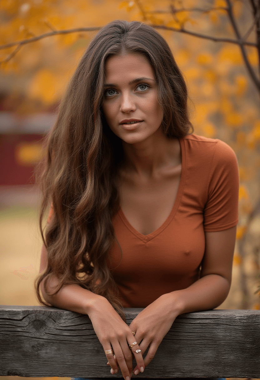 AI generated: A fit adult woman with long, wavy brown hair wearing a rust-colored shirt that shows off a lot of cl...