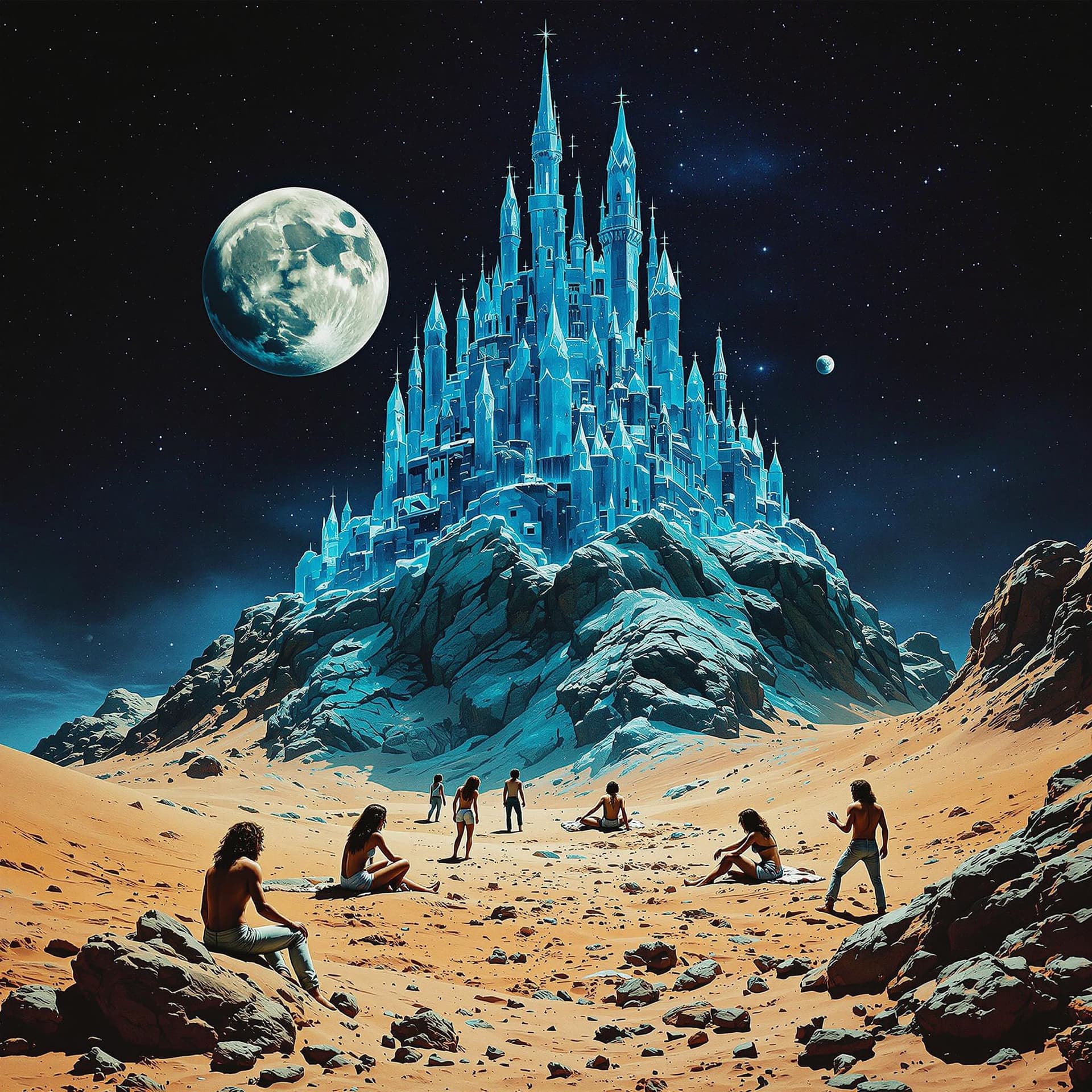 AI generated: A group of Hippies from the 60s playing in the sand on Mars, with a castle made of blue crystals flo...