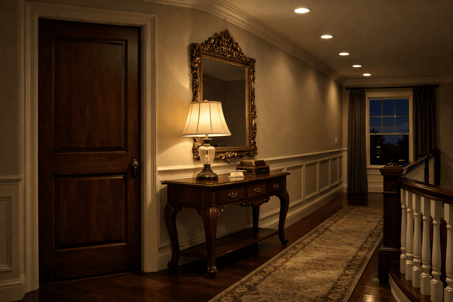 AI generated: At night at a beautiful and luxurious house, on the second floor.

There are a few spotlights built ...