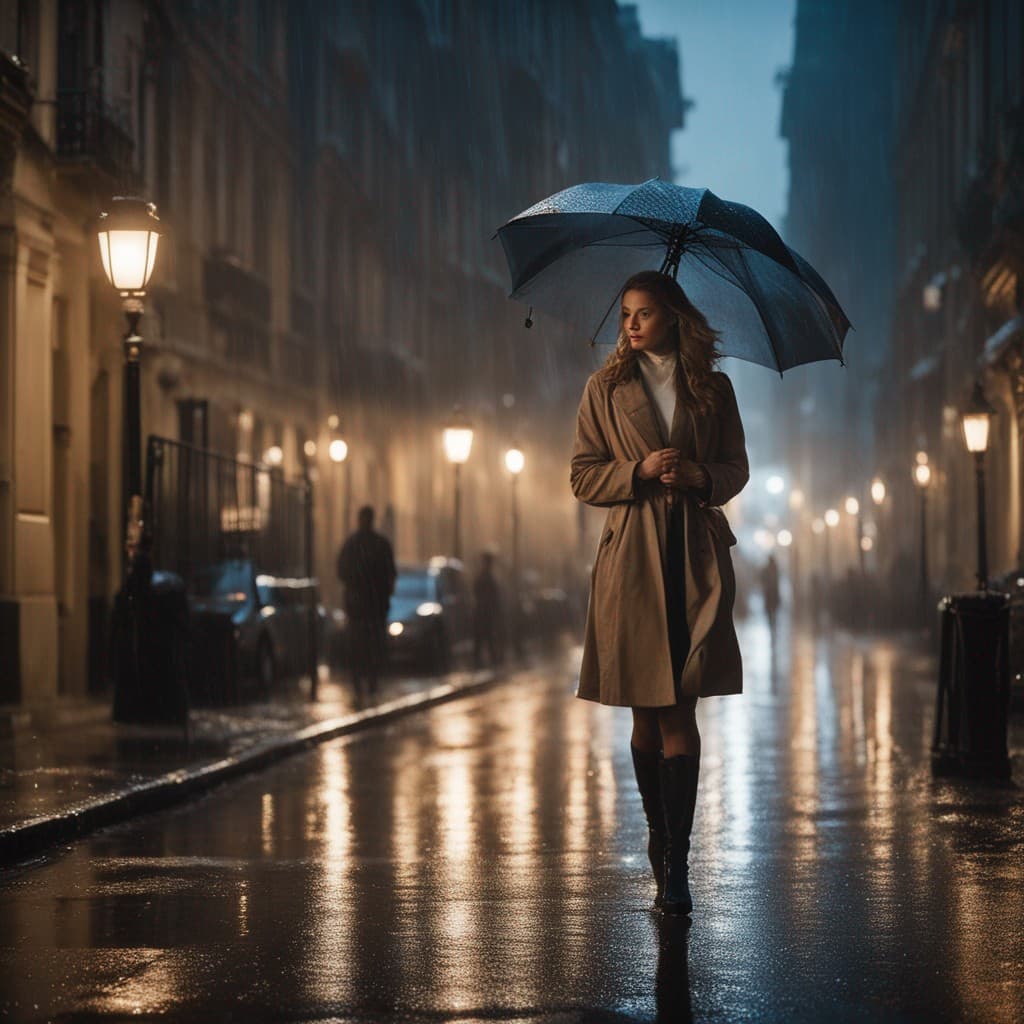 AI generated: A city street bathed in the gentle glow of street lamps, with a beautiful girl walking in the rain. ...