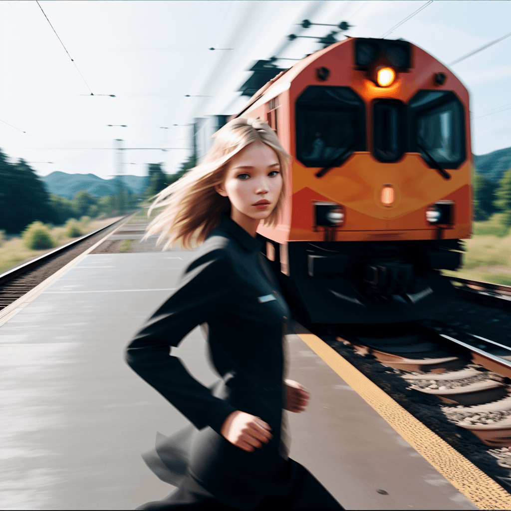 AI generated: front side arriving train right behind her, a girl sasha luss running for her life against arriving ...