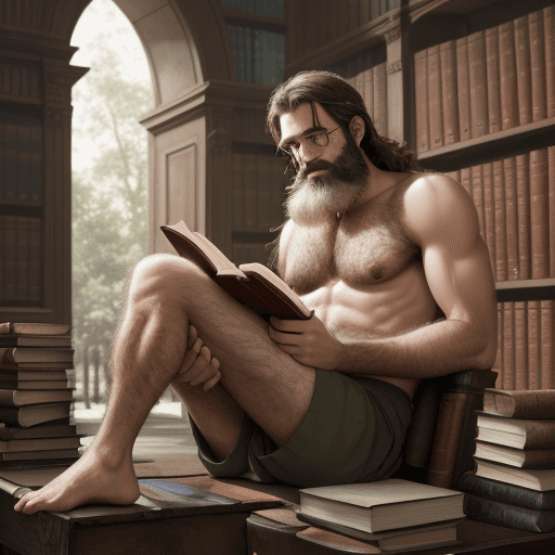 AI generated: A Nature men wearing a langot, un a library, with hairy legs, very hairy chest, very hairy arms, wit...