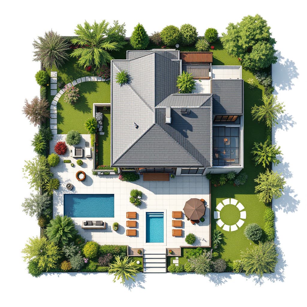 AI generated: Generate a high resolution, shot from above, picture of a modern homestead with a house, garden in t...