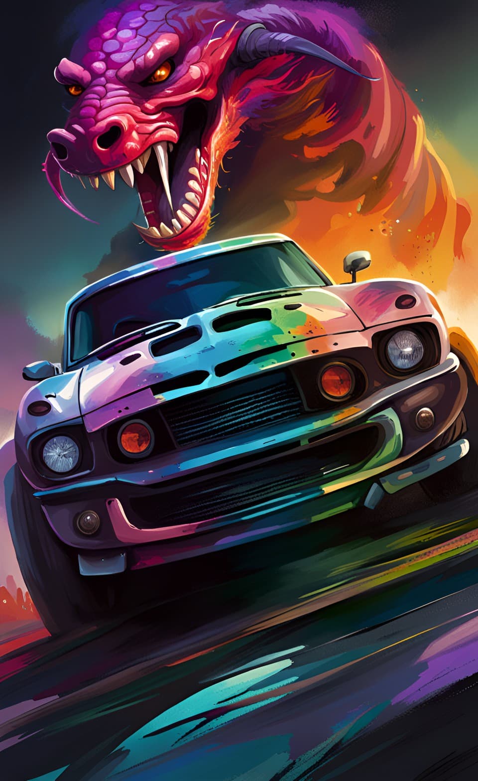 AI generated: A retro poster of a post apocalyptic dystopian universe, of a mustang style muscle car, extreme colo...