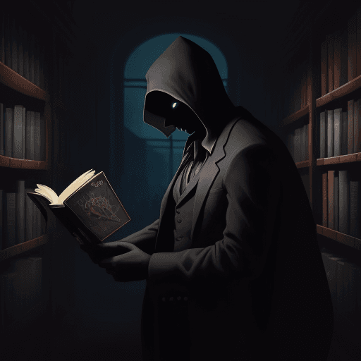 AI generated: shadowy figure with a book in his hand at the library, by night <lora:xl_more_art-full_v1:0.7> <lora...