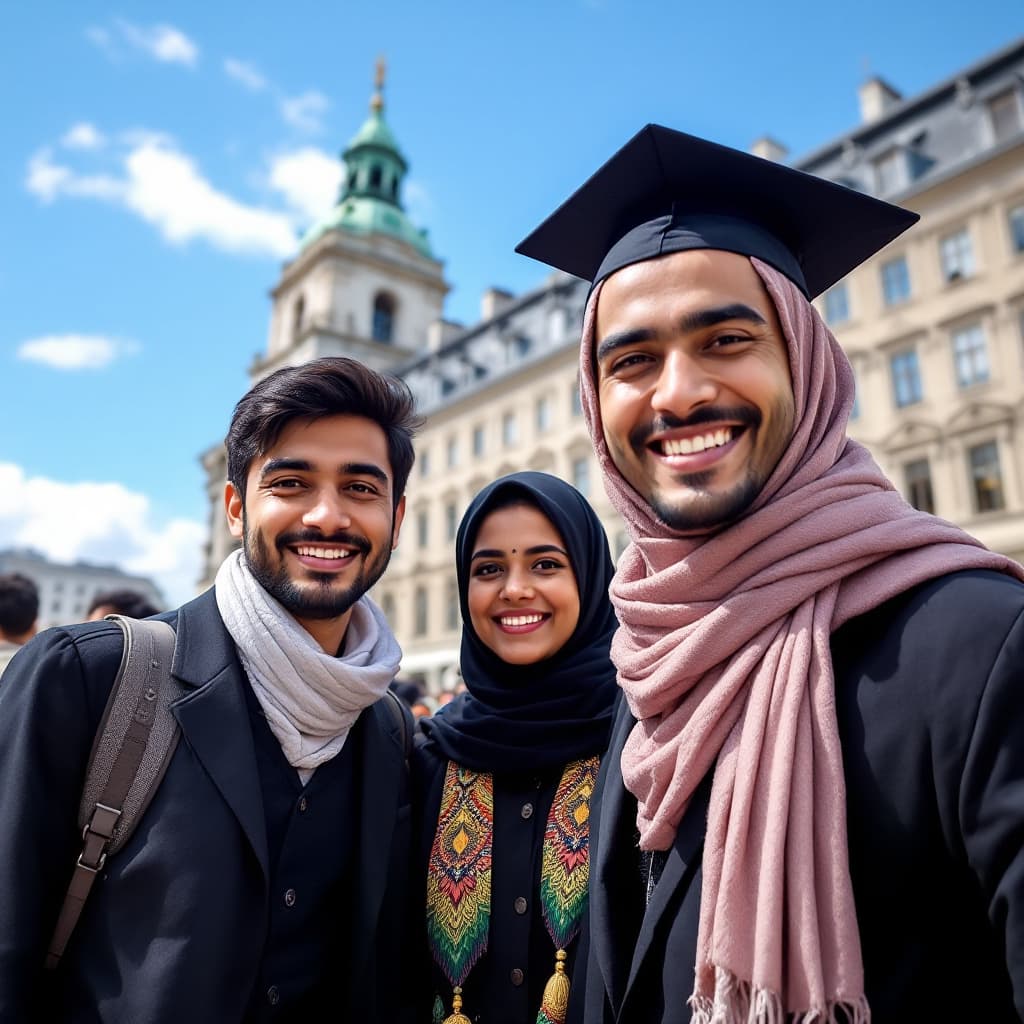 AI generated: Happy Bangladeshi students on European campus