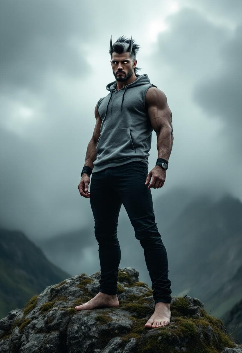 AI generated: A tall, muscular yet lean man stands barefoot on a moss-covered rock at the summit of a mountain ben...