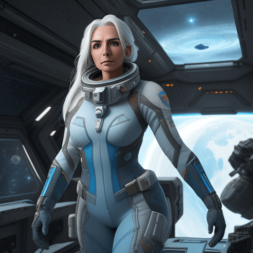 AI generated: High resolution photography strong female space explorer with white hair in ice blue tight fitting s...