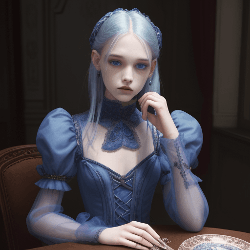 AI generated: a woman sitting at a table , by Valerie Petts, tumblr, intricate fantasy dress, blueish tones, offic...