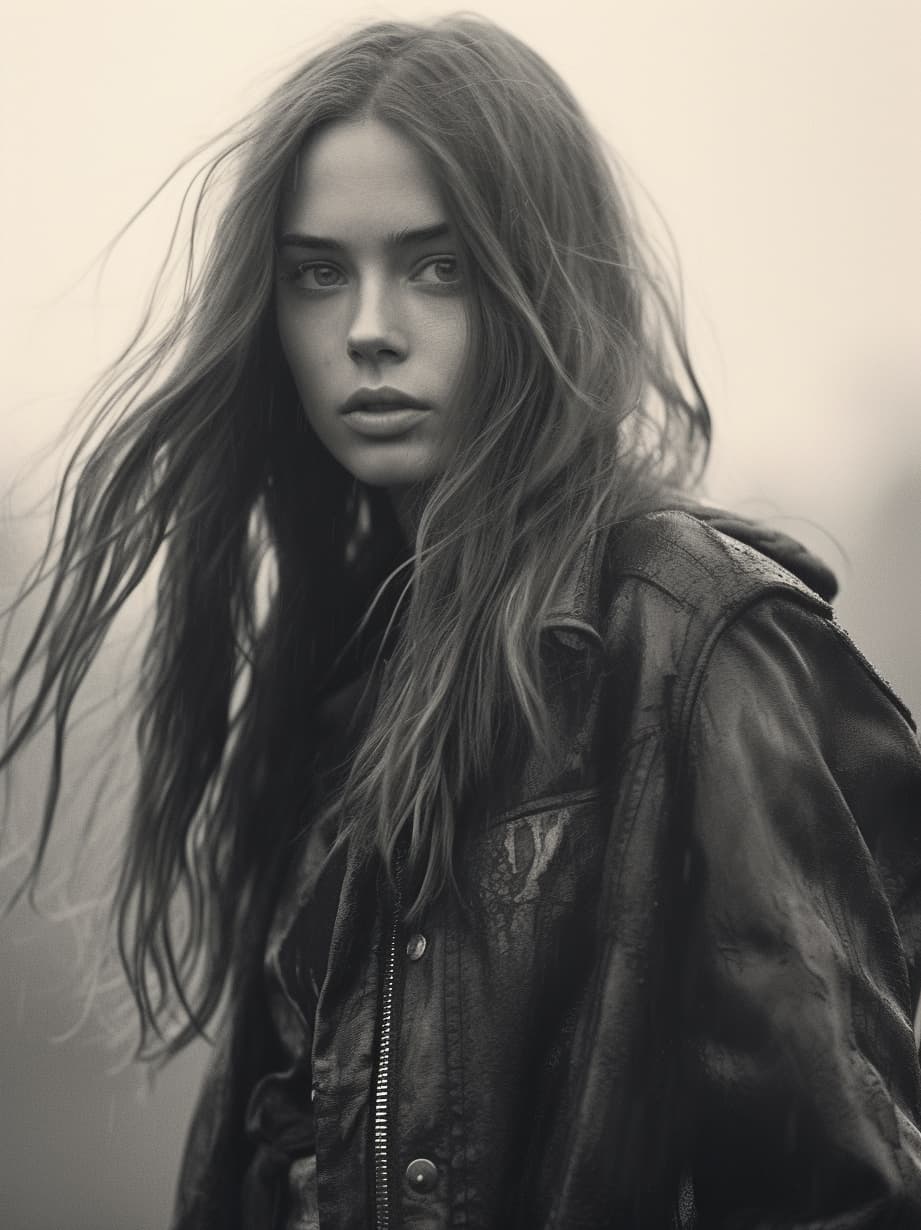 AI generated: a black and white photo of a woman with long hair, by Alasdair Grant Taylor, tumblr, tattered leathe...