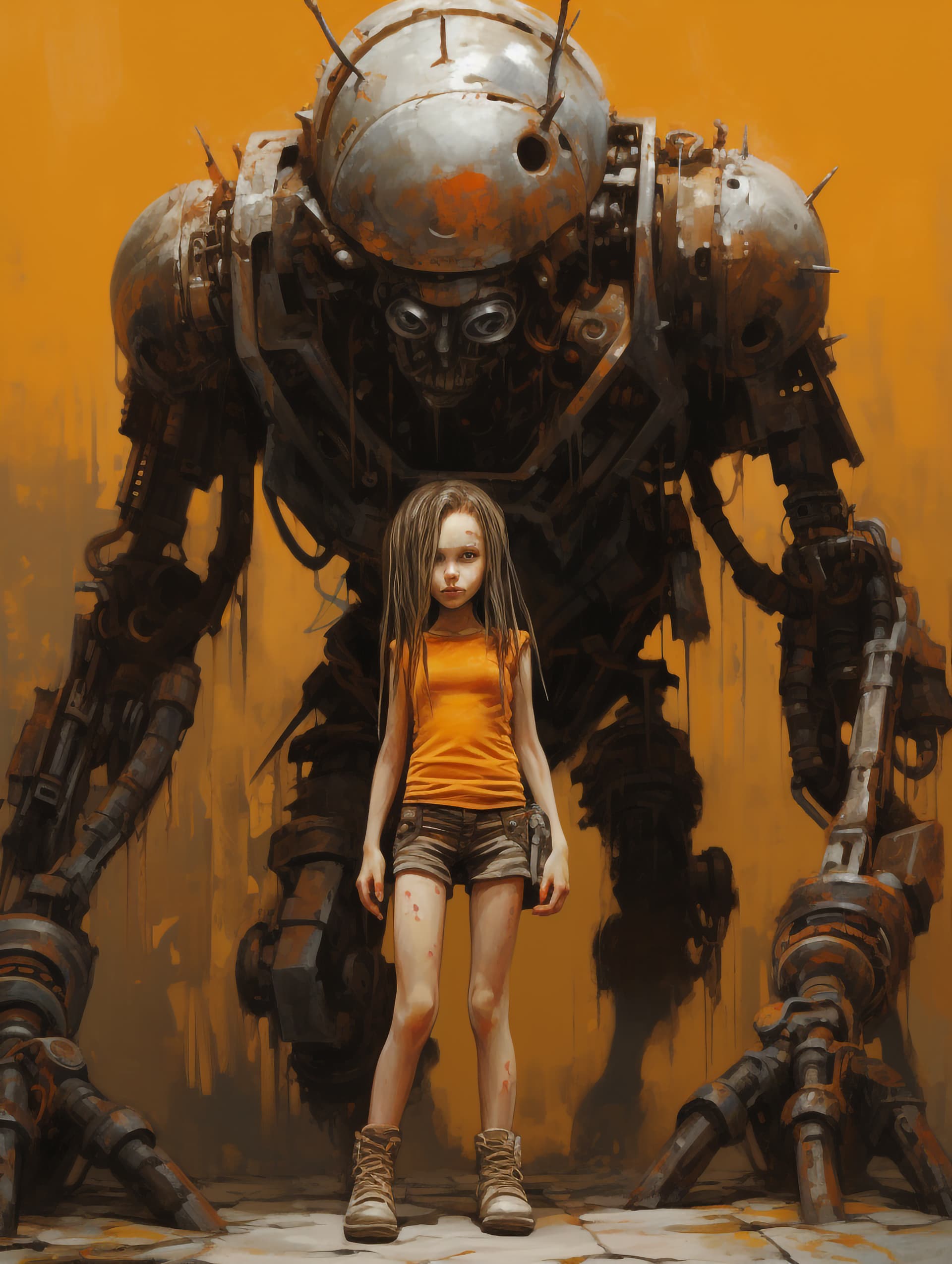 AI generated: a painting of a brutal giant steampunk mech made out of scrap metal, an angry girl in front --ar 9:1...