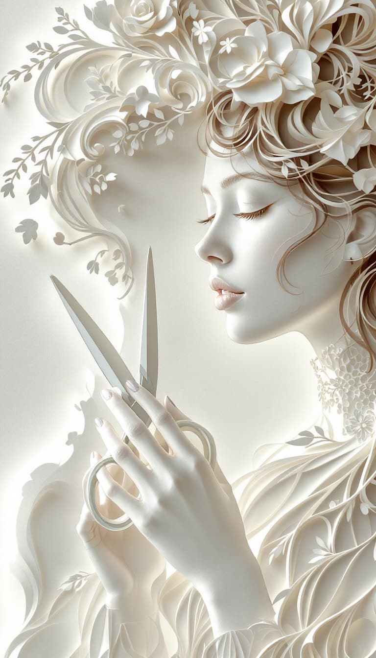 AI generated: Papercutting Art, Delicate Forms, Layered Paper, Intricate, Woman Holding Scissors Cutting, Precise ...