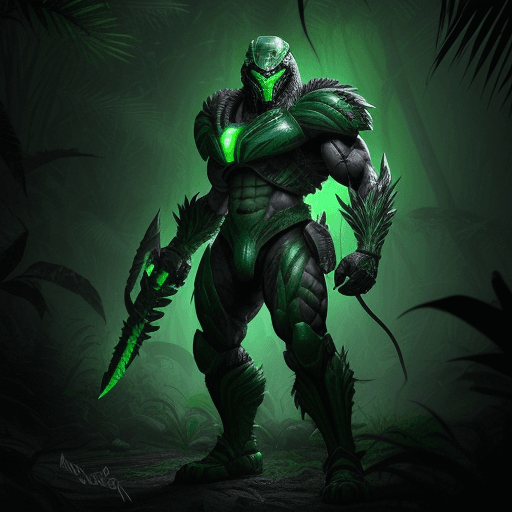 AI generated: A fearsome Predator warrior standing tall and muscular in a dense jungle, its bio-mask glowing with ...