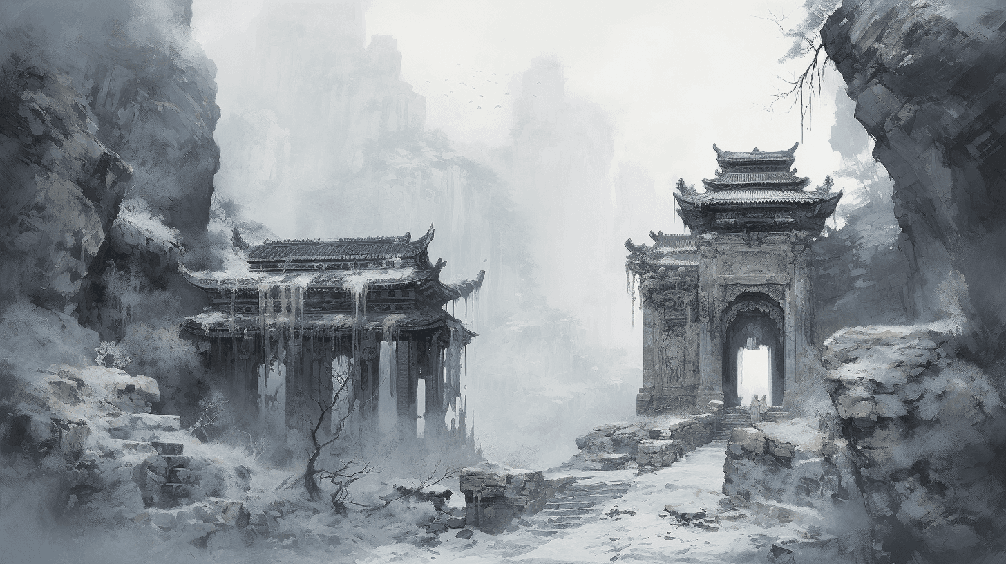 AI generated: A traditional Chinese ink painting of an ancient hidden temple, immersed in an fog of mystery. The t...