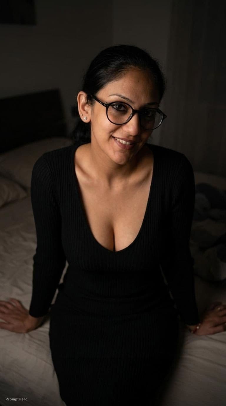 AI generated: looking at me. Sitting on a bed at night(no lights), wearing same (cleavage) dress, teasing, keep or...