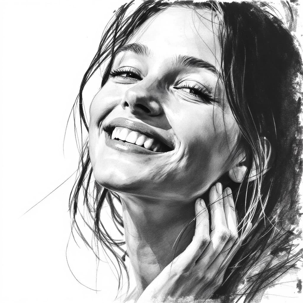 AI generated: Charcoal sketch of a happy girl in her 20s, calm, b&w