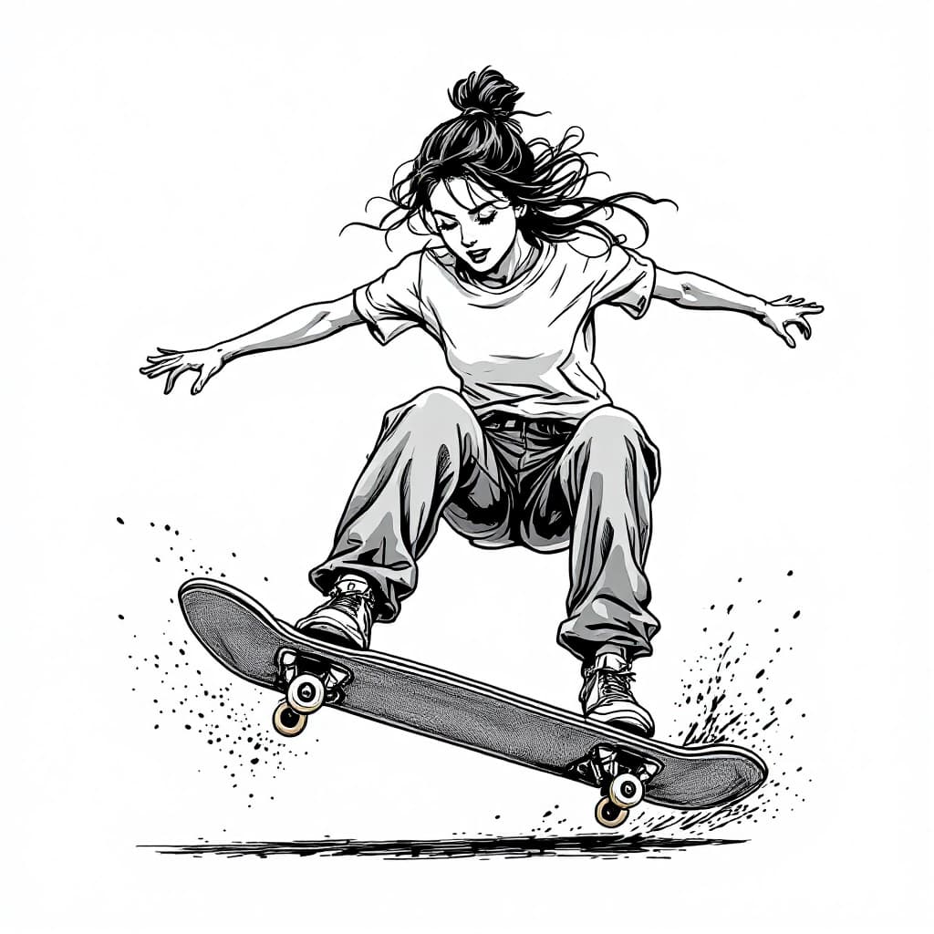 AI generated: A woman skateboarding, cartoon sketch, tee-shirt logo print