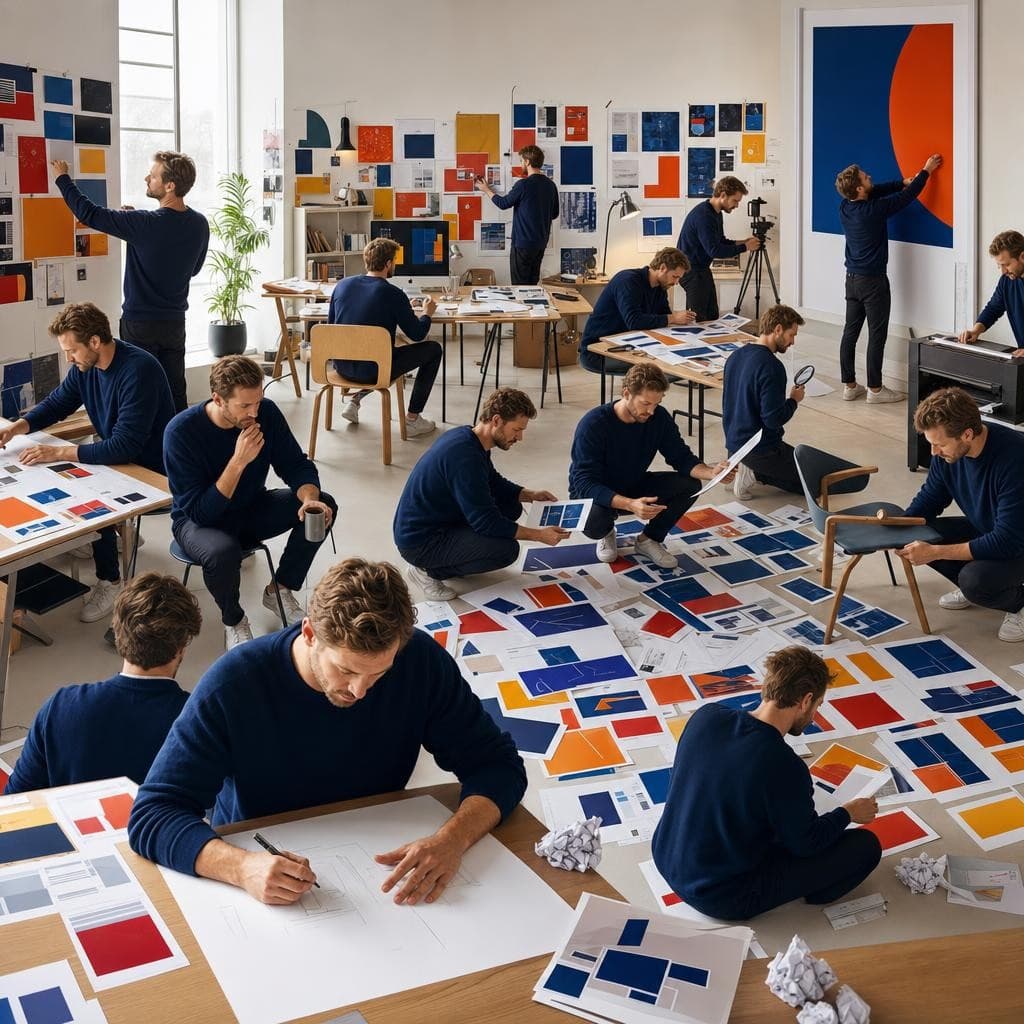 AI generated: A large contemporary Scandinavian creative studio with the same art director appearing ~20 times, sa...