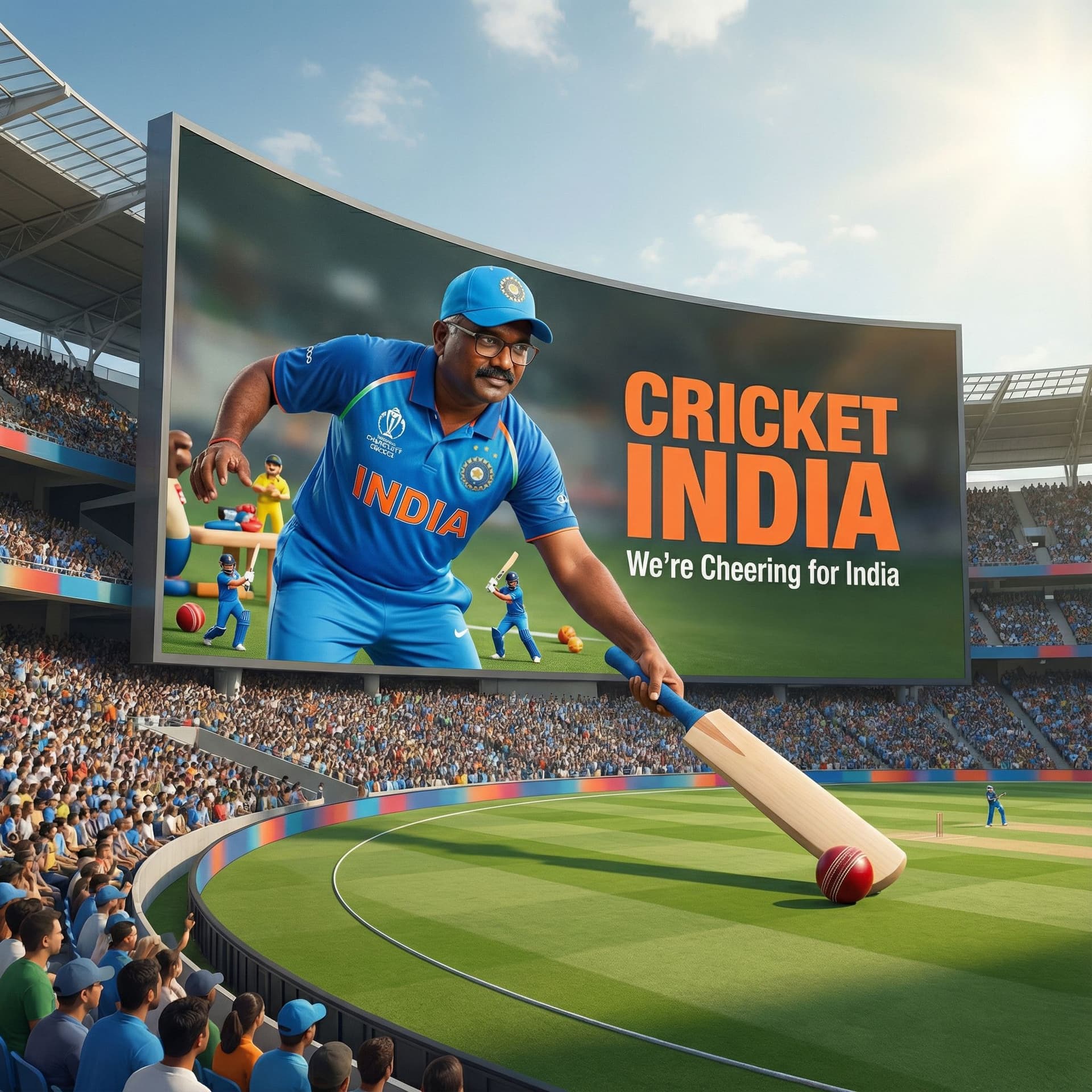 AI generated: A giant spot curve edge 3D anamorphic billboard on the side of a modern cricket stadium in a cricket...
