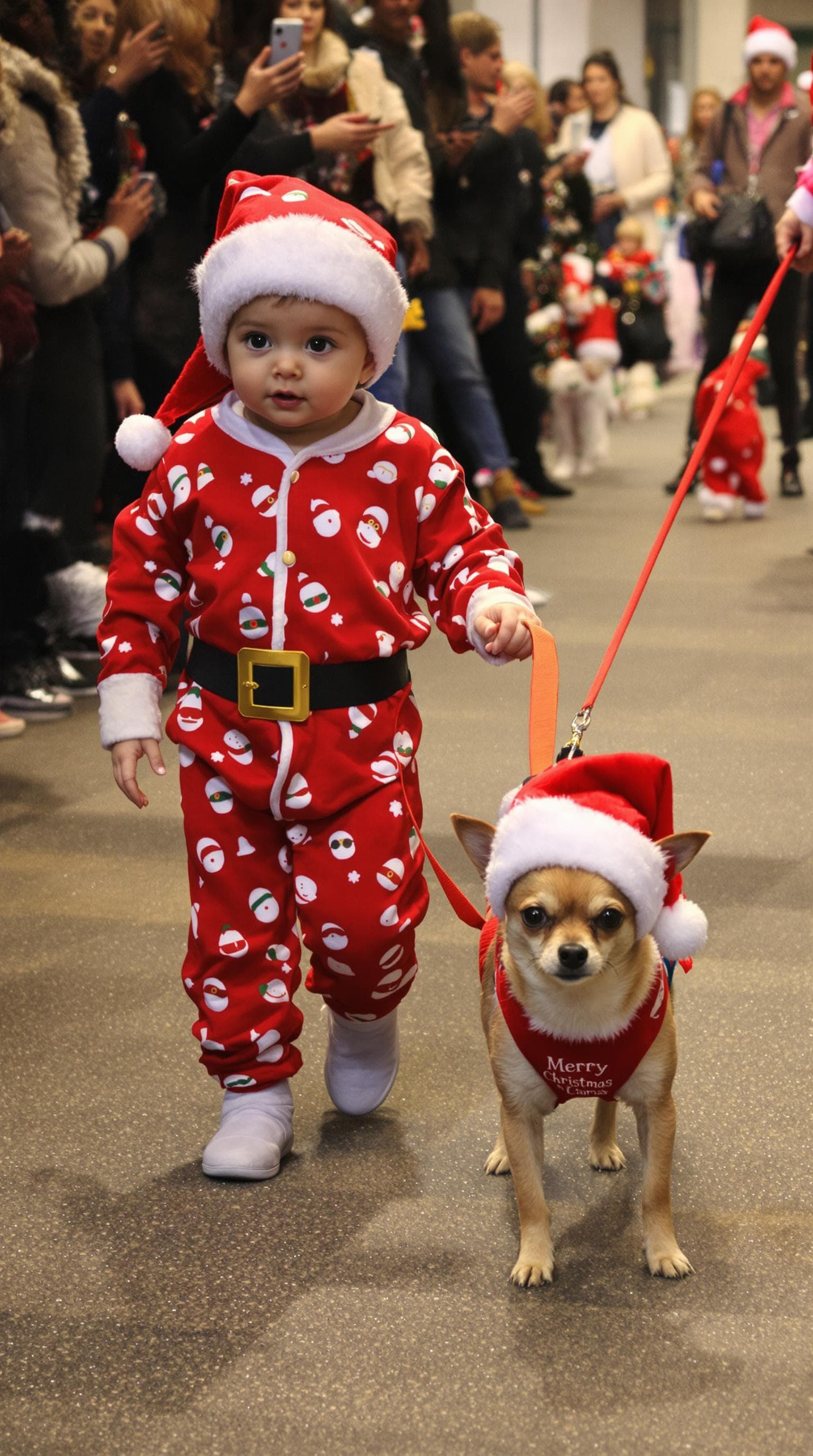 AI generated: A baby dressed in santa claus pajamas leads a pet chihuahua on a leash while walking at a Merry Chri...