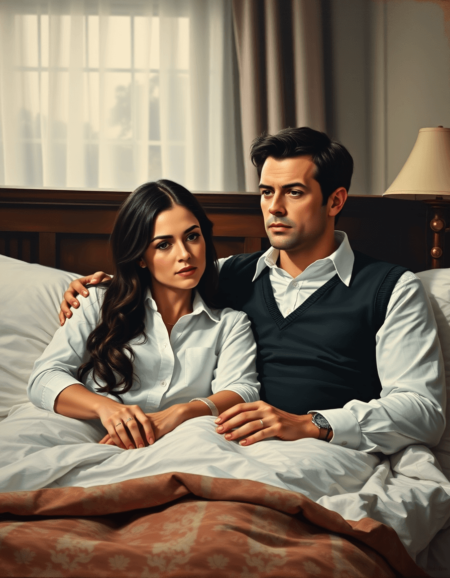 AI generated: A Julian Opie-style painting of a couple in bed. The woman has long, dark hair and is wearing a whit...