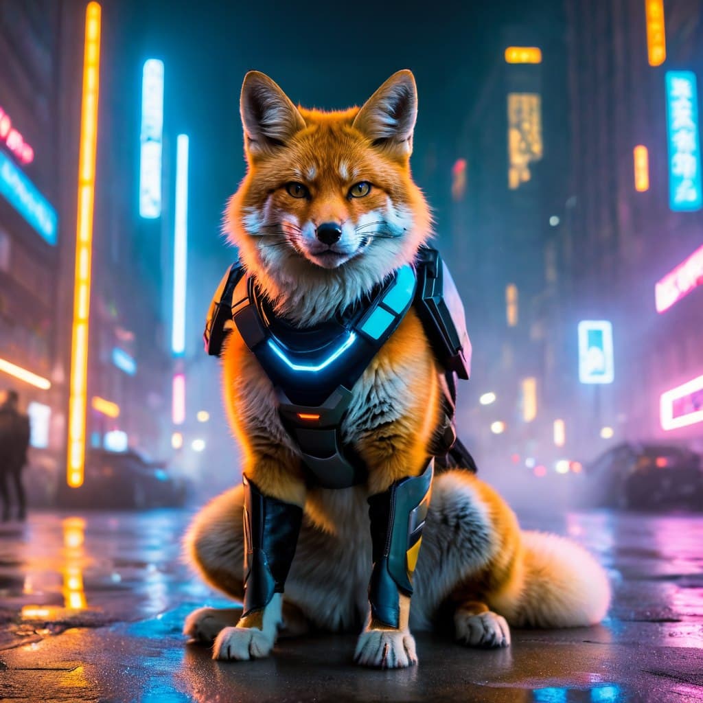AI generated: epic realistic, a visual stunning photo of a kitsune | glowing | cyberpunk city | neon light | vibra...