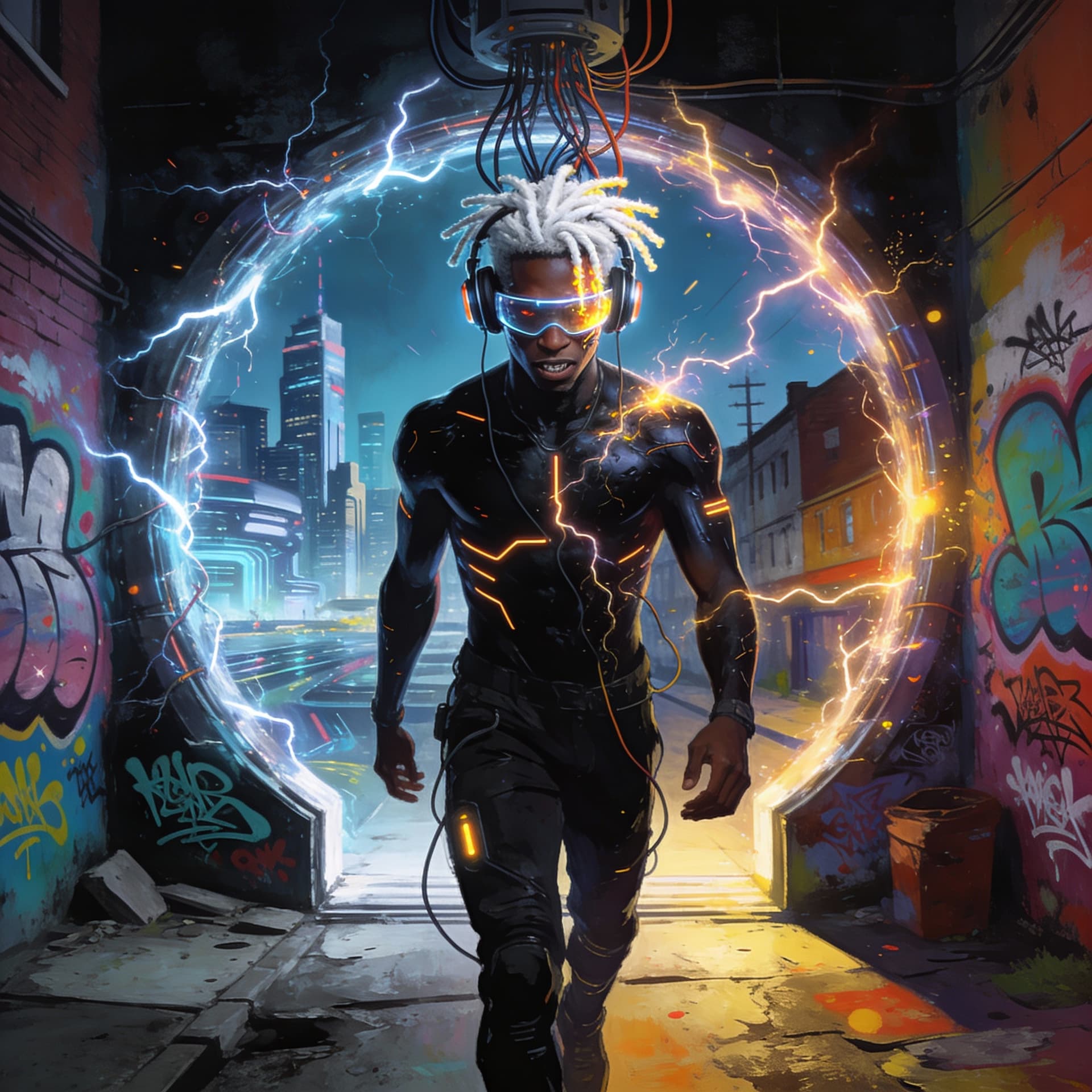 AI generated: A full-body 3D illustration of a futuristic cyberpunk African American male, his skin is very dark o...