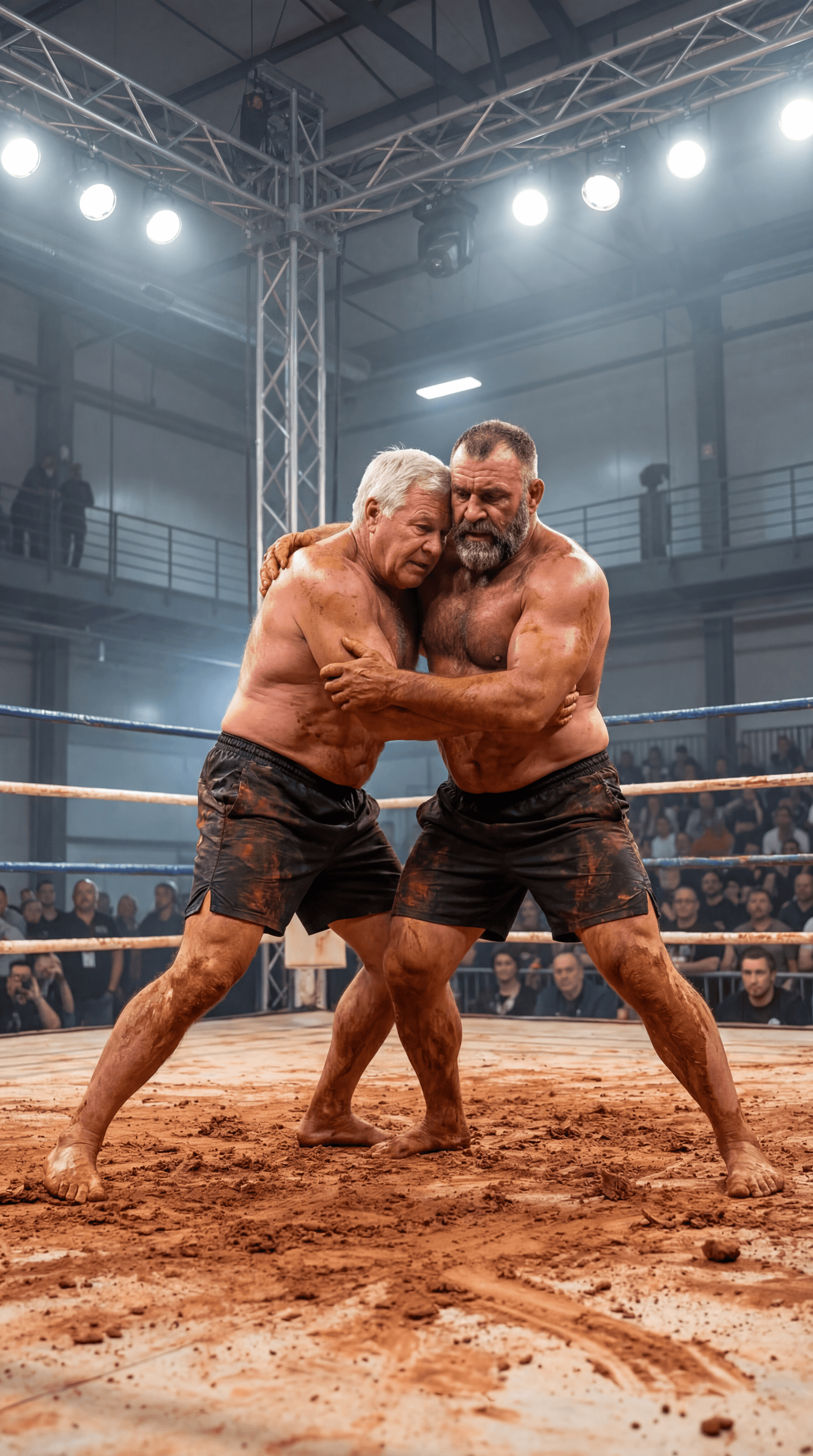 AI generated: REALISTIC SPORTS EVENT PHOTOGRAPH — INDOOR ARENA BOXING RING — RED CLAY MUD WRESTLING — VERTICAL 9:1...