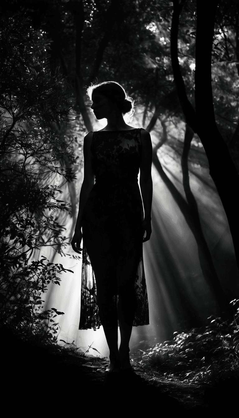 AI generated: black and white photography, fashion editorial, a figure of beautiful darkhaired woman in dark lace ...