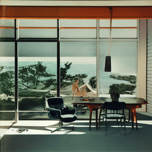 AI generated: Hyper realistic eye level exterior photo of a mid century modern style house overlooking the ocean, ...