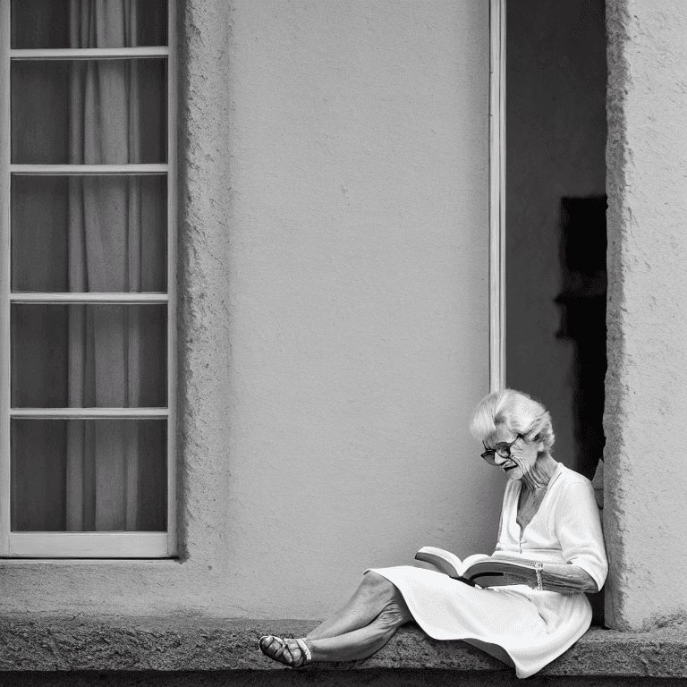 AI generated: : gorgeous HAPPY OLD Swiss WOMAN sitting by window READING A BOOK, wearing white DRESS, soft lips, b...