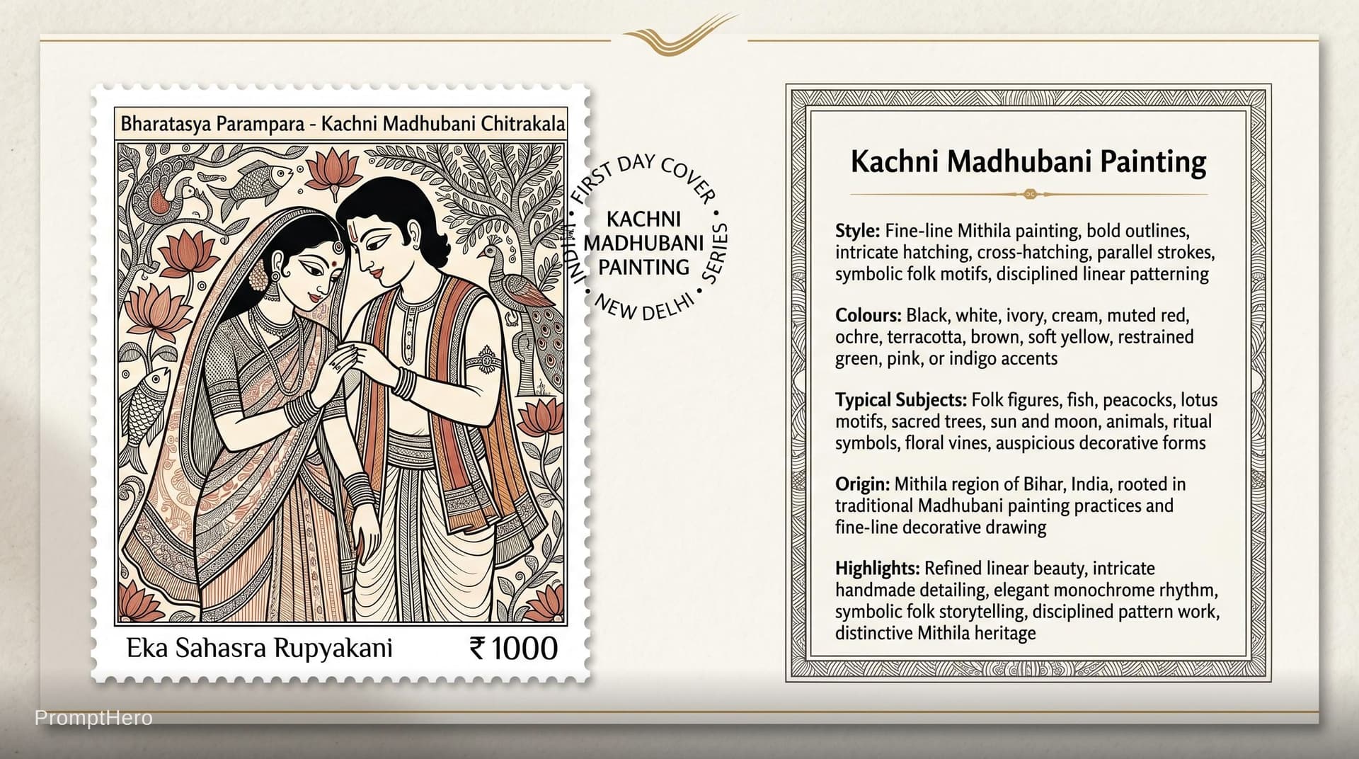 AI generated: Create a 16:9, 4K premium commemorative First Day Cover envelope inspired by India Post heritage des...
