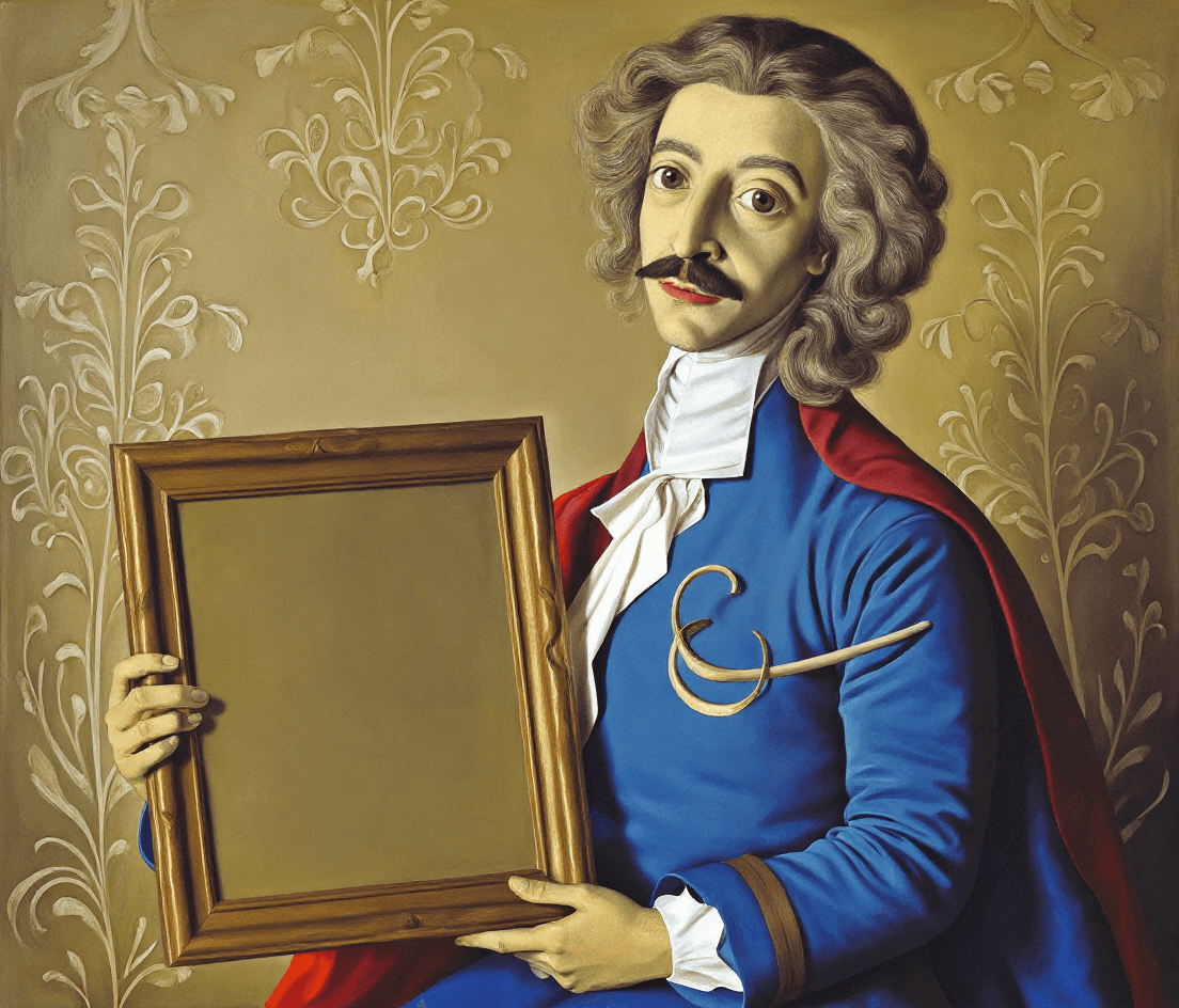 AI generated: a portrait picture of only the man holding an empty artwork frame in each hand. retain defining char...