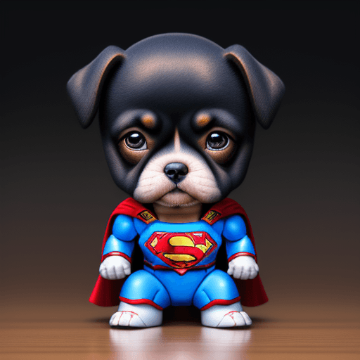 AI generated: Puppy dog with costum superman, elegant computer geek, chibi and real style, masterpiece, realistic ...