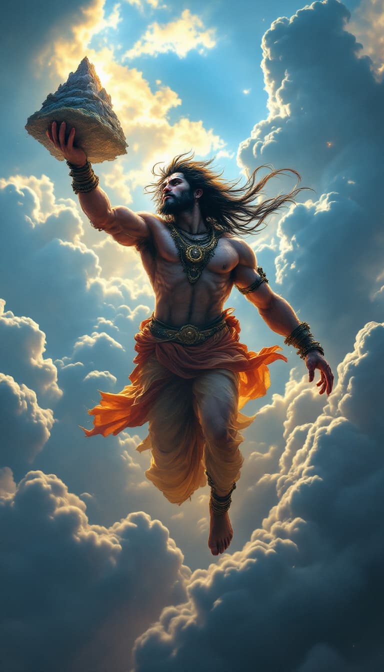 AI generated: Lord Hanuman flying in the sky holding Sanjeevani mountain in one hand, radiant sky, glowing divine ...
