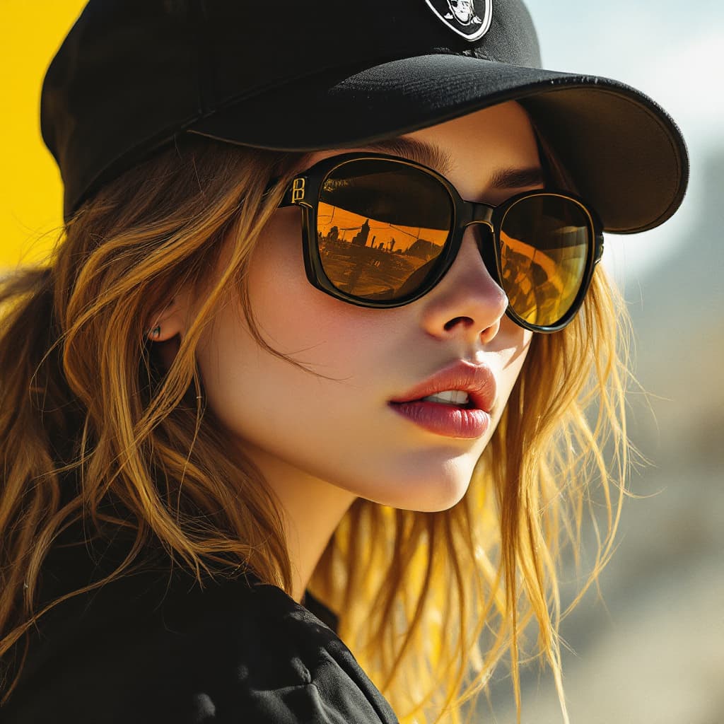 AI generated: a stunning girl wearing black caps and sunglasses, logo Raiders, in the style of otherworldly illust...