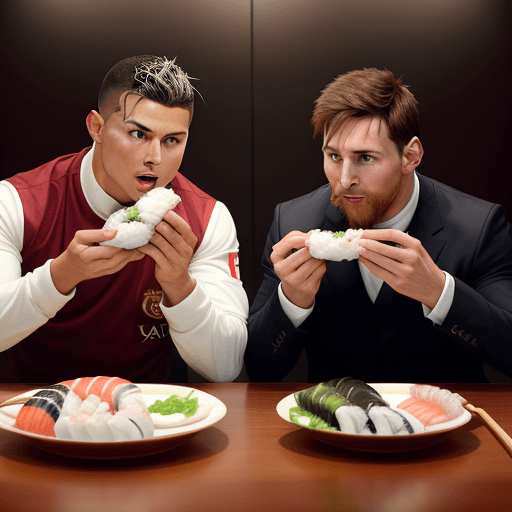 AI generated: Ronaldo and messi eating Sushi Realismus

