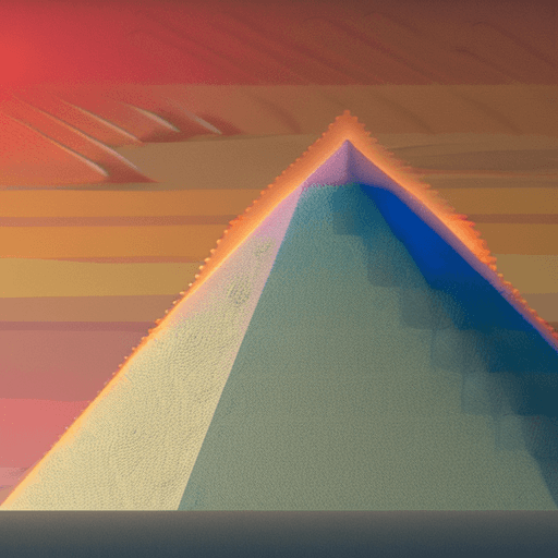 AI generated: white ancient pyramid in a beige desert, red sky, retro futuristic, cyberpunk colored vegetation, hy...