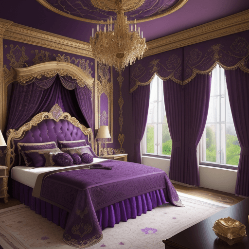 AI generated: Dark VIOLET classy ROYAL bedroom interior, ROYAL WINDOW view, HYPER-DETAILED, HYPER INTRICATE, HYPER...
