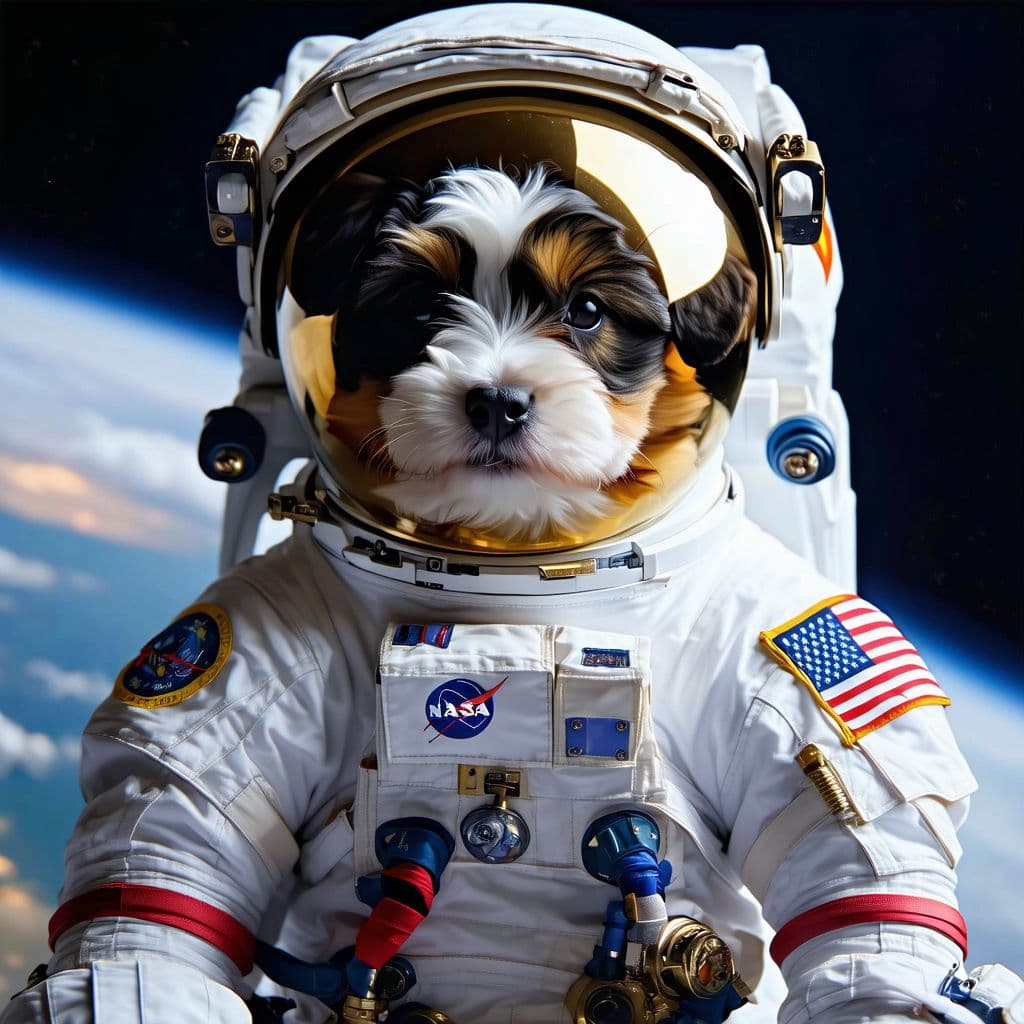 AI generated: realistic, ((Masterpiece, best quality) ), cute dog in astronaut suite, Ultra-High-Definition, (Mast...