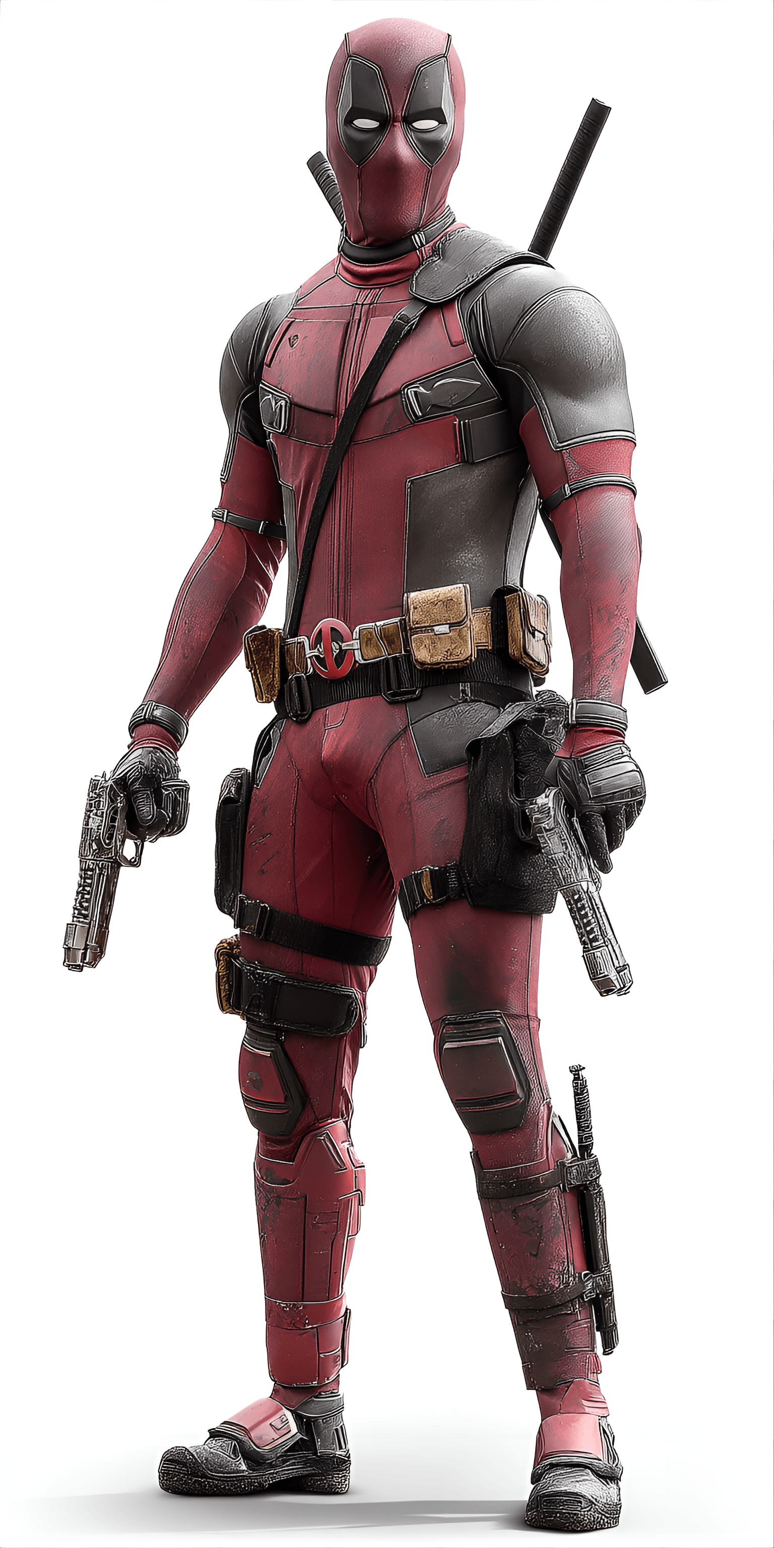 AI generated: full-body depiction of the character Deadpool, centered in the frame. The subject is a young adult, ...
