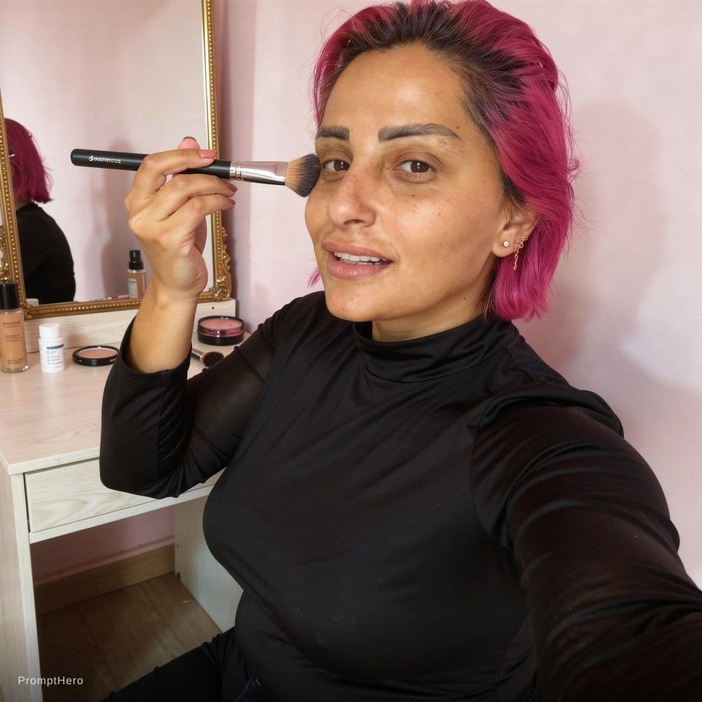 AI generated: A beautiful wife doing her make up wearing a black lace bra with her cleavage clearly visible 