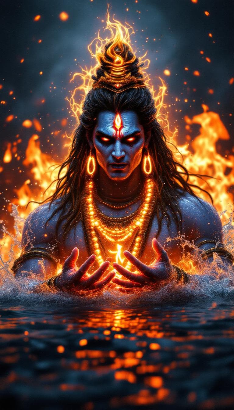AI generated: POWERFUL scary look Lord Shiva made of water, fire background hyperdetailed, great photo, contrastin...
