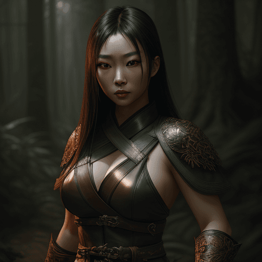 AI generated: Photo of a beautiful and seductive female hunter, Asian women, 25 age, wearing leather and cloth att...
